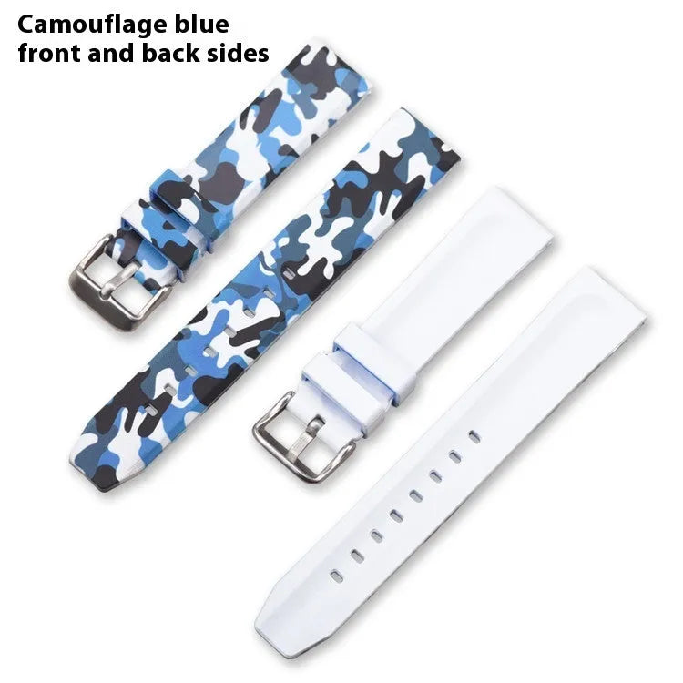 Camouflage silicone watch strap in green, blue, and grey patterns showing flat head design and three width options