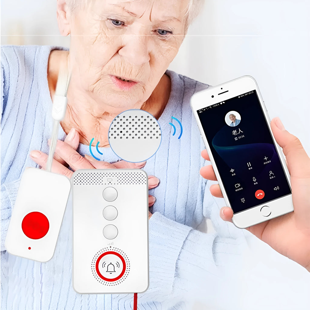 White voice emergency alert device with central buzzer and three wireless emergency buttons for elderly care