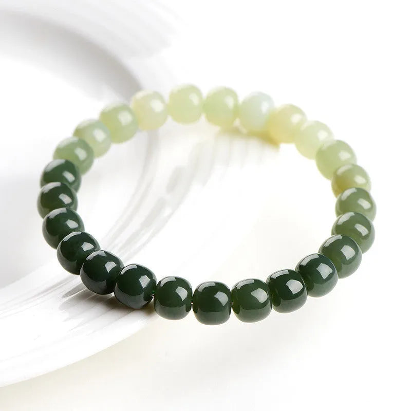Natural Hetian jade bracelet with water gradient colours in polished beads