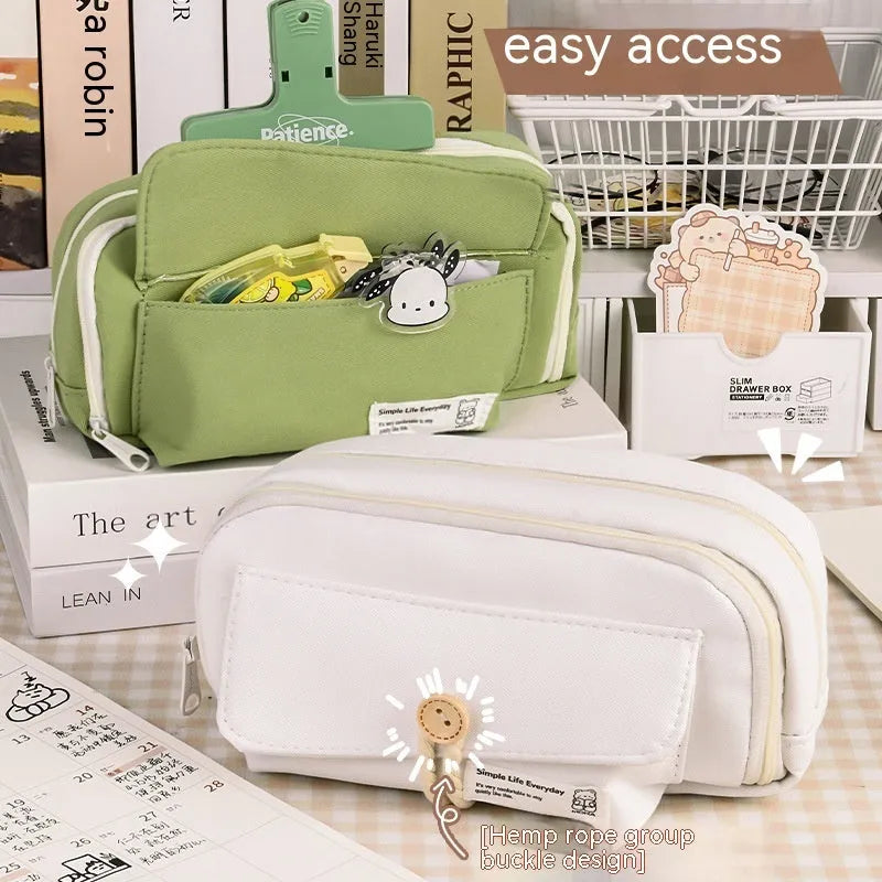 Korean style canvas pencil case in green colour showing large capacity for multiple pens