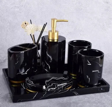Ceramic bathroom set with bright glaze and applique in Phnom Penh ink and black