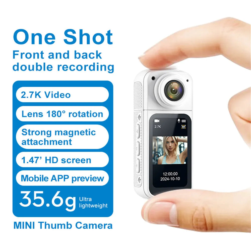 Riding S70 thumb camera in black with 180 degree rotating lens, compact ABS body