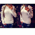 Women's grey knitted pullover shirt with round neck and crocheted hollow-out long sleeves
