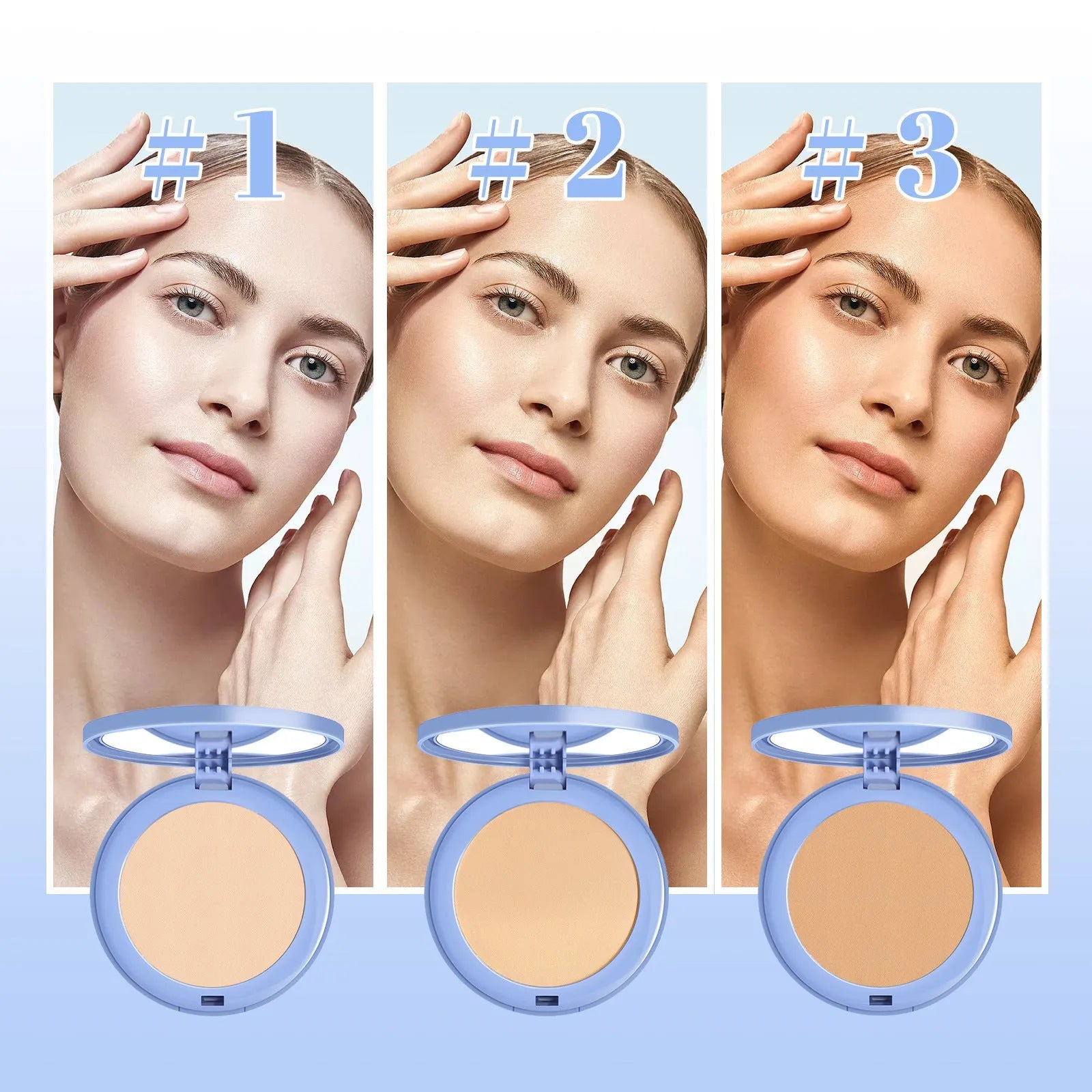 8g compact of natural finish long-lasting finishing powder in beige and ivory tones.
