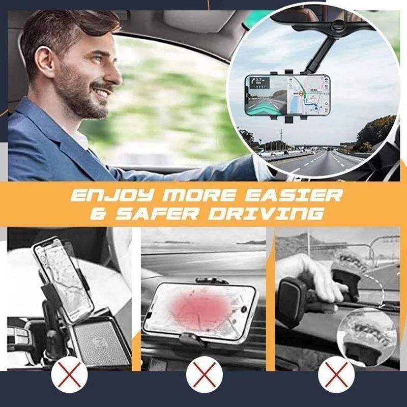 Black rearview mirror phone holder with telescopic arm and 360-degree rotation mechanism