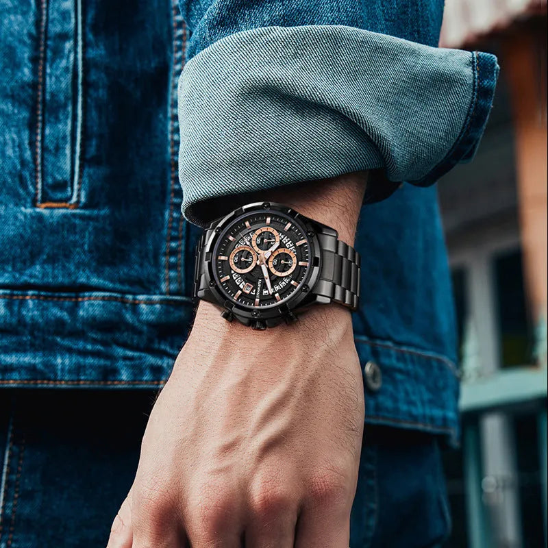 Men's casual waterproof watch with luminous dial and stainless steel strap in three colour variants.