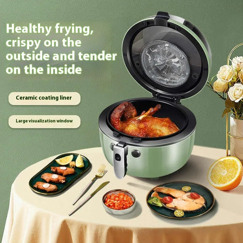 Air fryer oven with viewing window on countertop, showing 8-litre capacity and mechanical button controls.