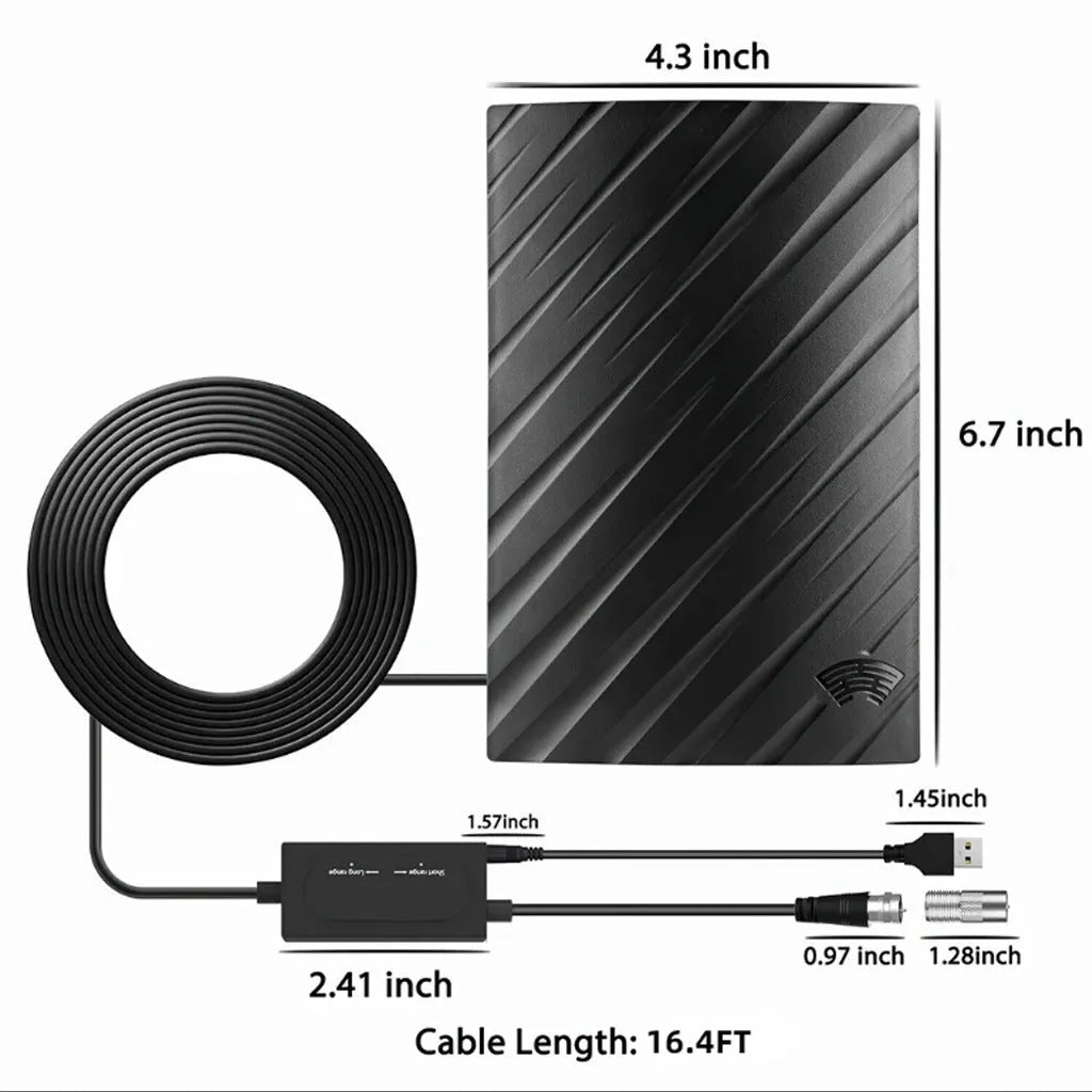 Black plastic digital television antenna with mounting hardware on white background