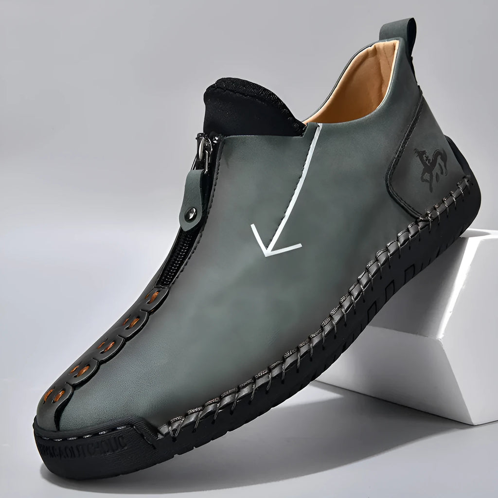 Men's black artificial PU leather Martin boots with front zipper and hand-stitched rubber sole