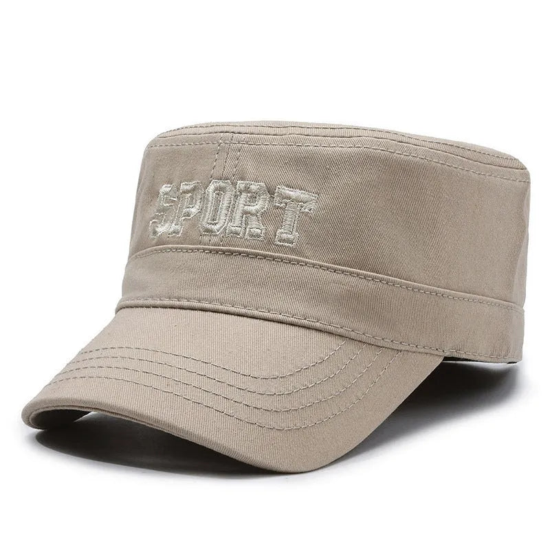Men's adjustable cotton peaked cap in black, blue, army green, khaki or grey with dome crown and English letters