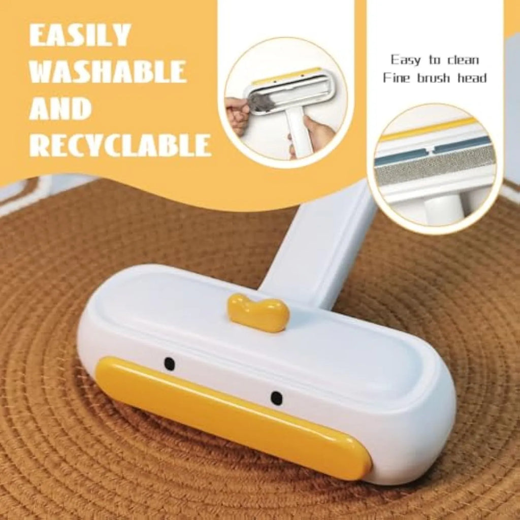 Yellow duck design reusable manual pet hair remover brush with lid open