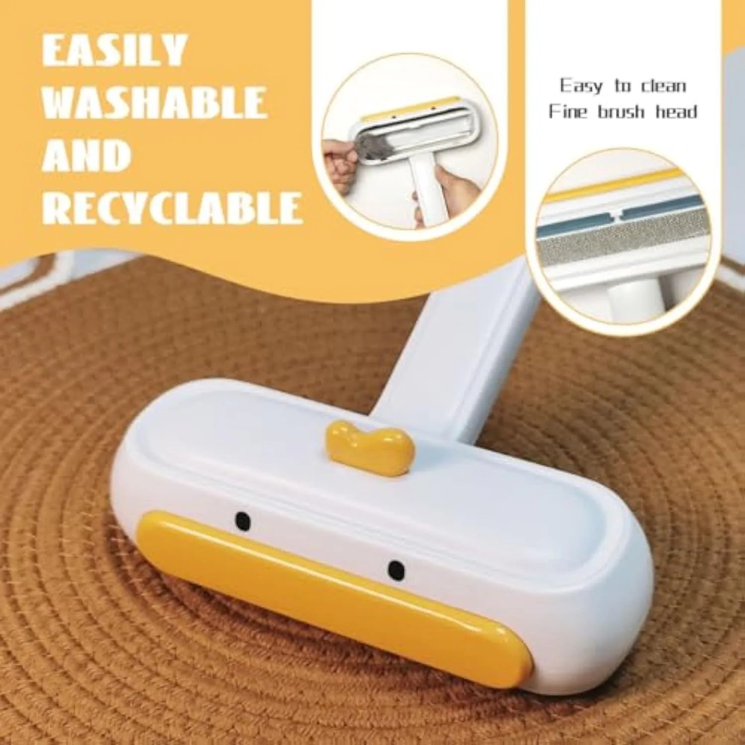 Yellow duck design reusable manual pet hair remover brush with lid open