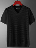 Men's ice silk V-neck T-shirt in black Korean style with cut-out detail and short sleeves
