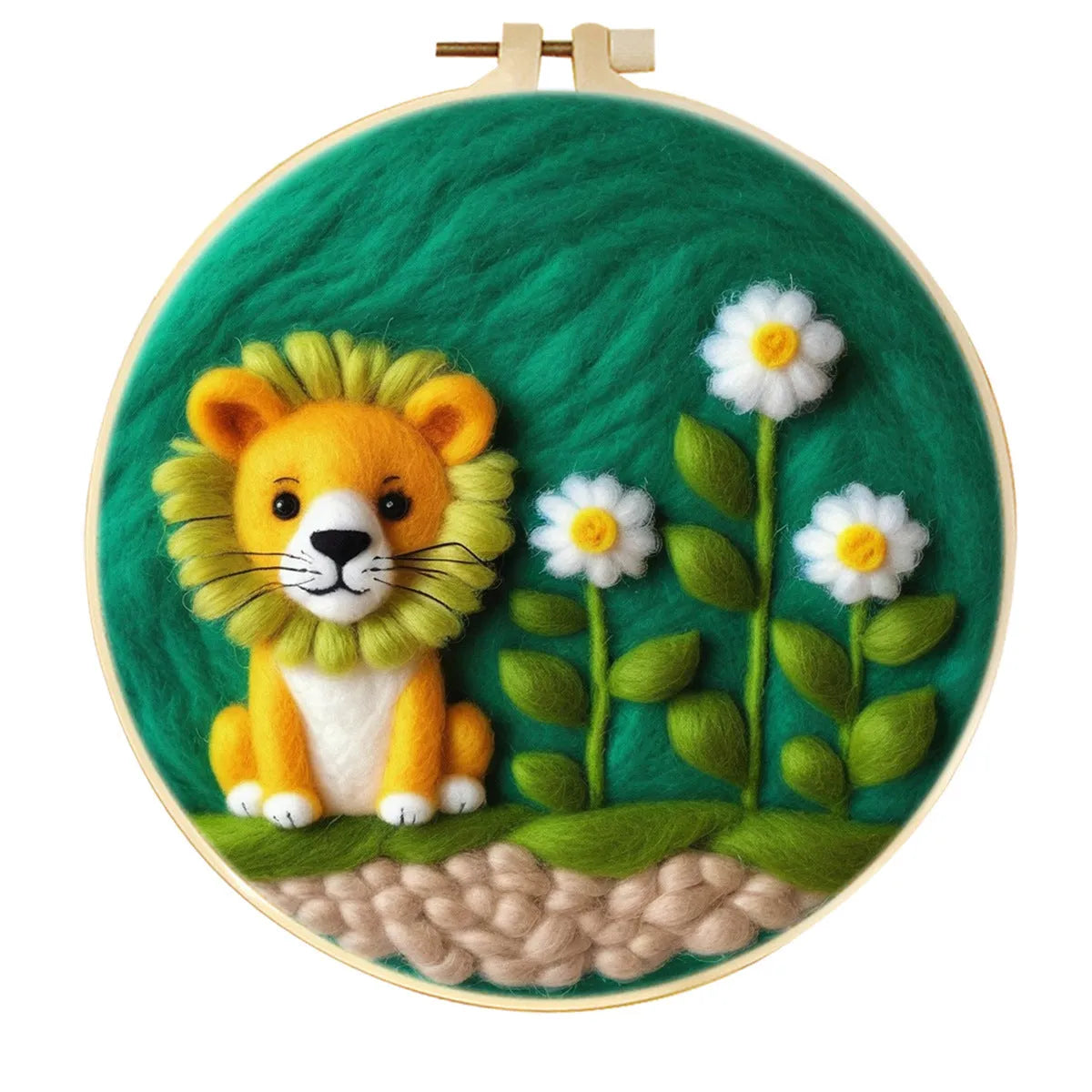 Round linen embroidery kit with wool felt materials for three-dimensional floral design