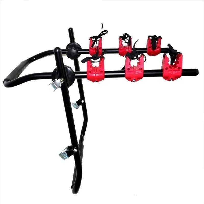 Black and red trunk mounted car bike rack with sponge padding, showing either tie rope or pull belt fastening.
