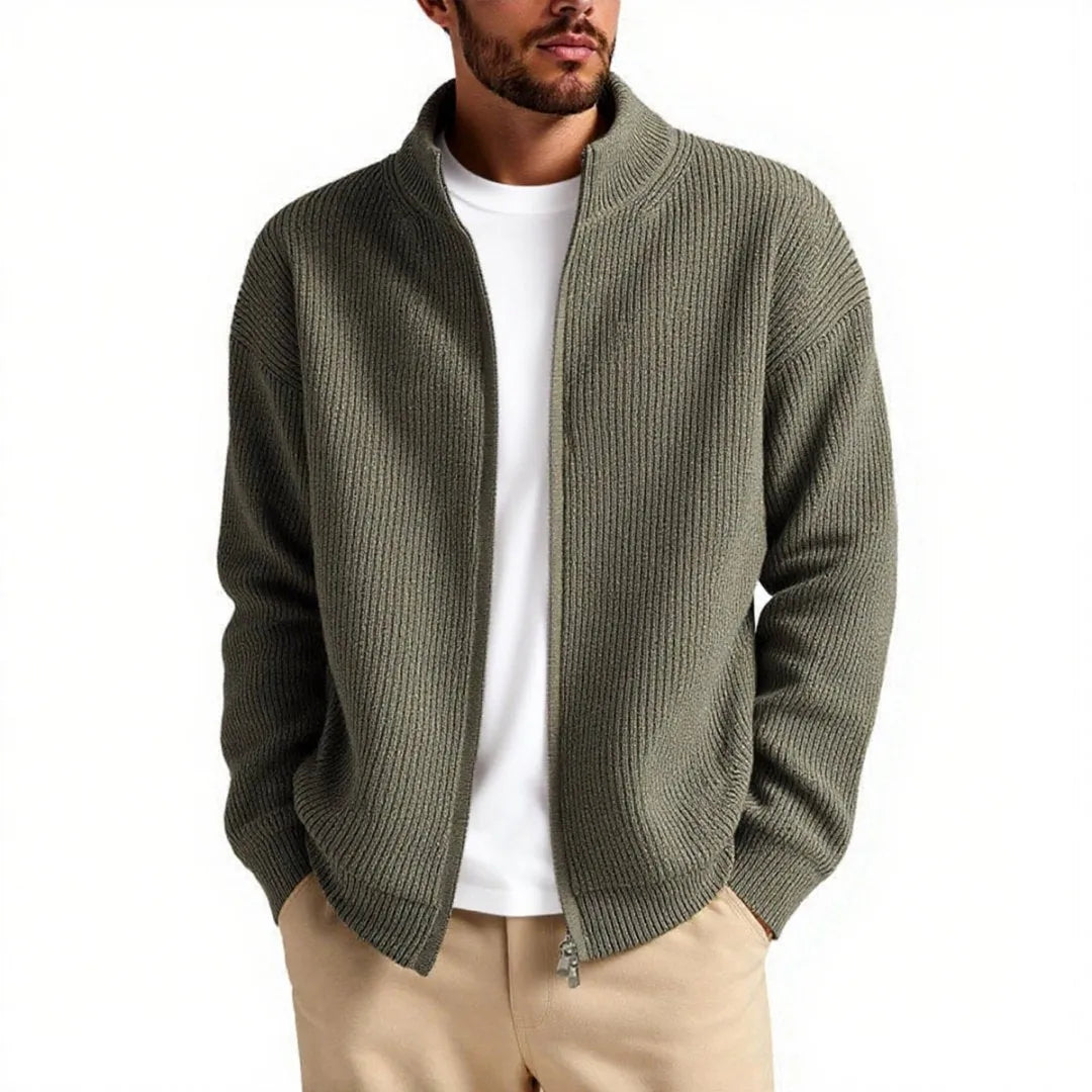Men's loose-fit cardigan sweater coat in chemical fibre blend available in beige, black, gray, green, and navy blue