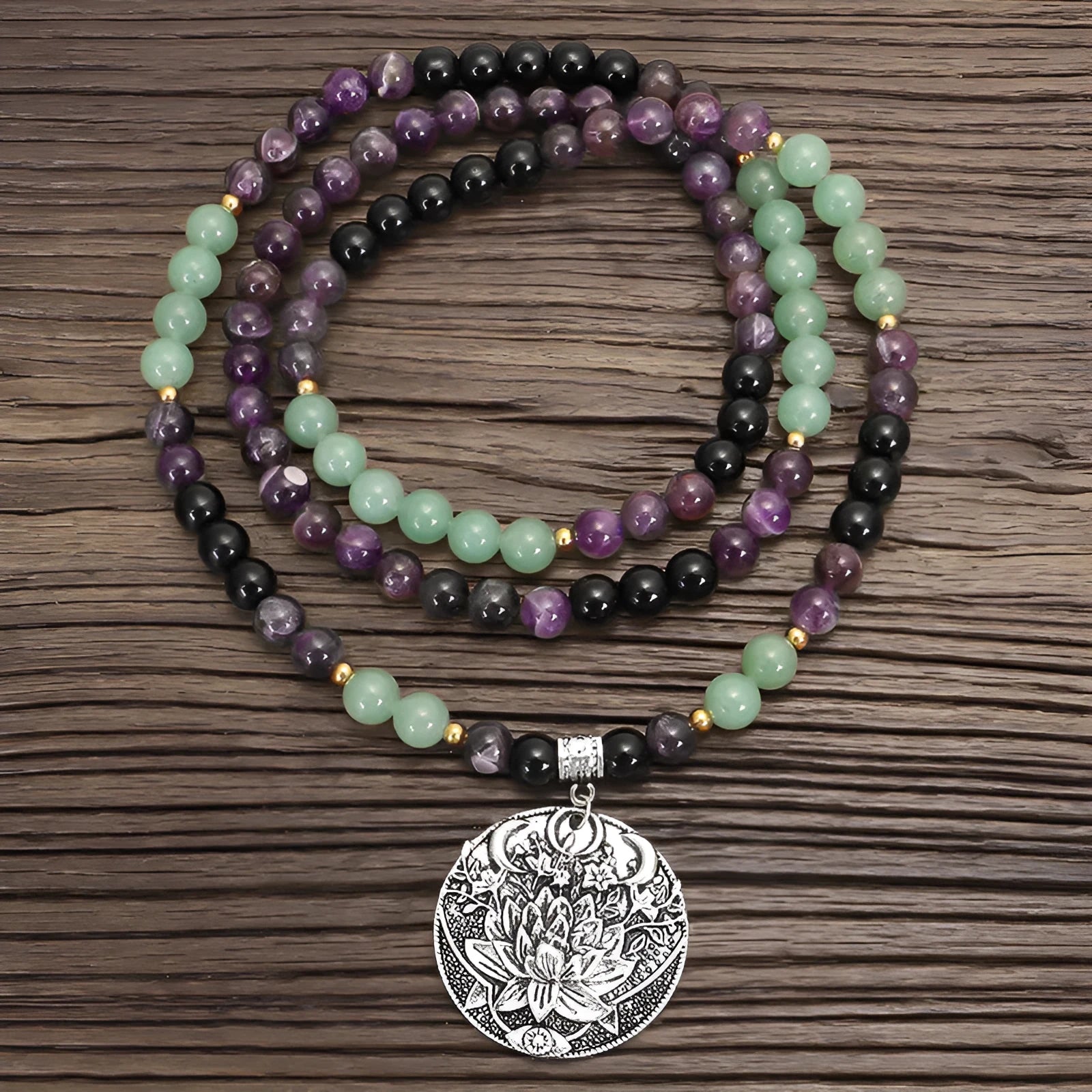 Handmade yoga lotus pendant necklace and bracelet set with stone beads and geometric alloy pendant