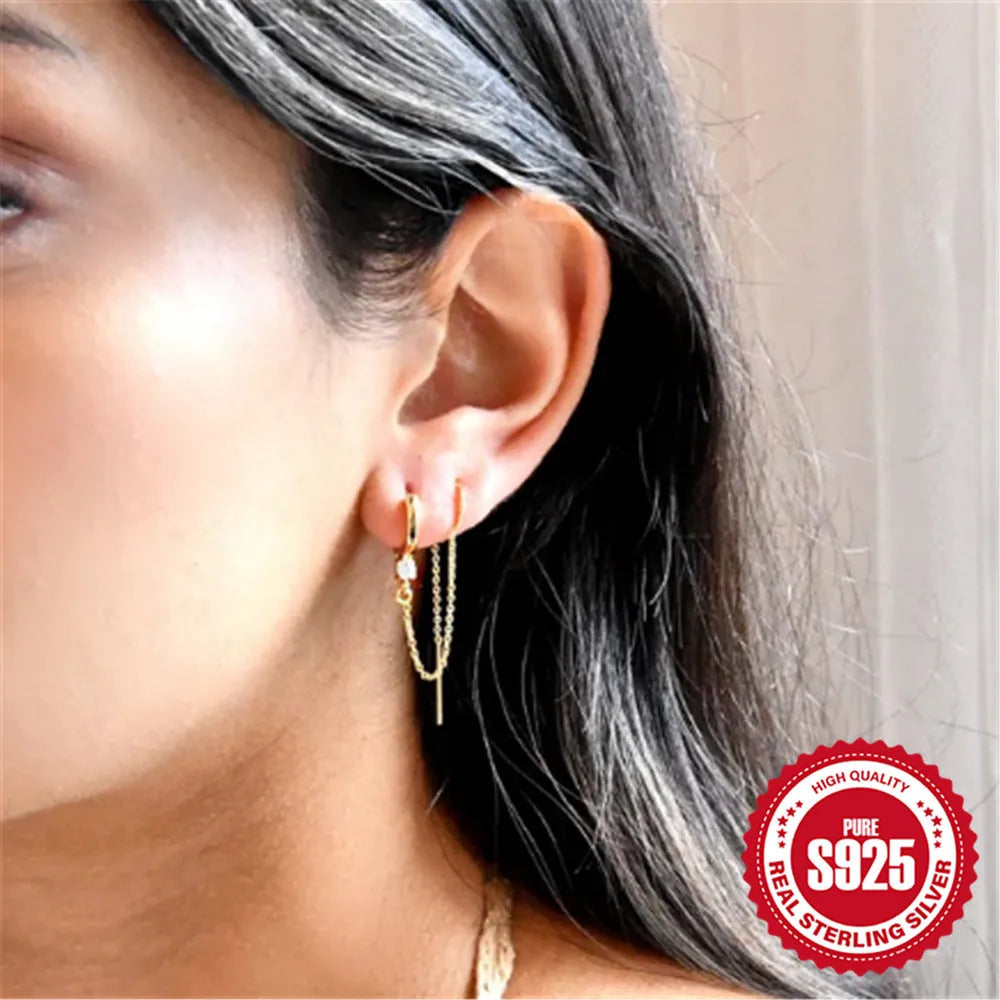 S925 sterling silver geometric earrings with flower and tassel chain decoration in golden finish