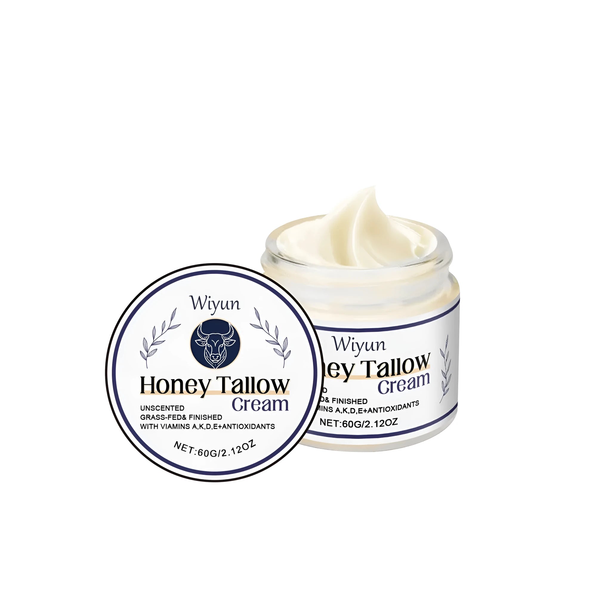 60g glass jar of Cow Fat Moisturising Cream with honey and vitamins on a white background.