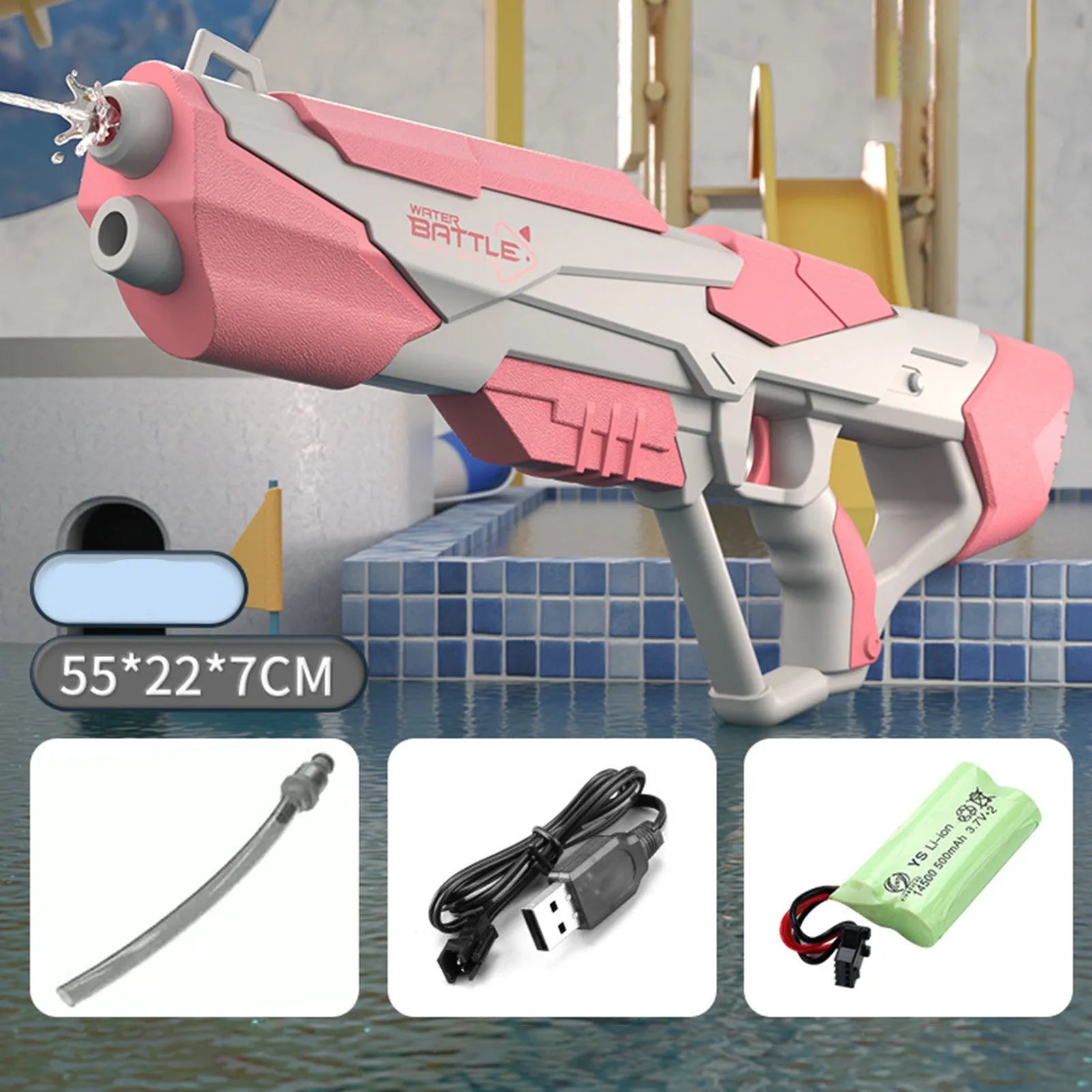 Blue electric water gun with USB charging cable and 55cm length for outdoor water fights