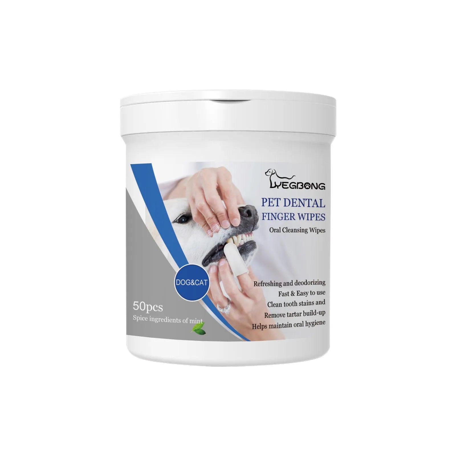 Can of 50 dog teeth cleaning finger wipes with finger stall for oral care