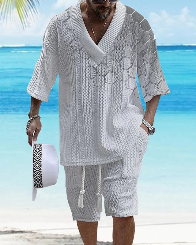 Printed men's knitted short-sleeved top and matching shorts in a drop-shoulder design.