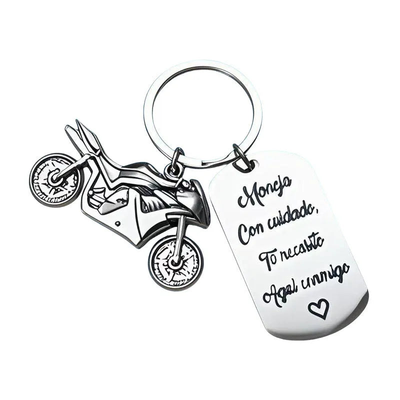 Stainless steel motorcycle keychain with metal construction and flannel storage bag