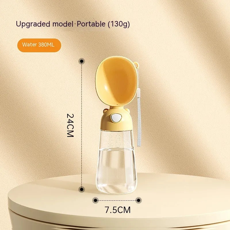 Portable dog water bottle and food container in yellow, pink, and brown colour options.