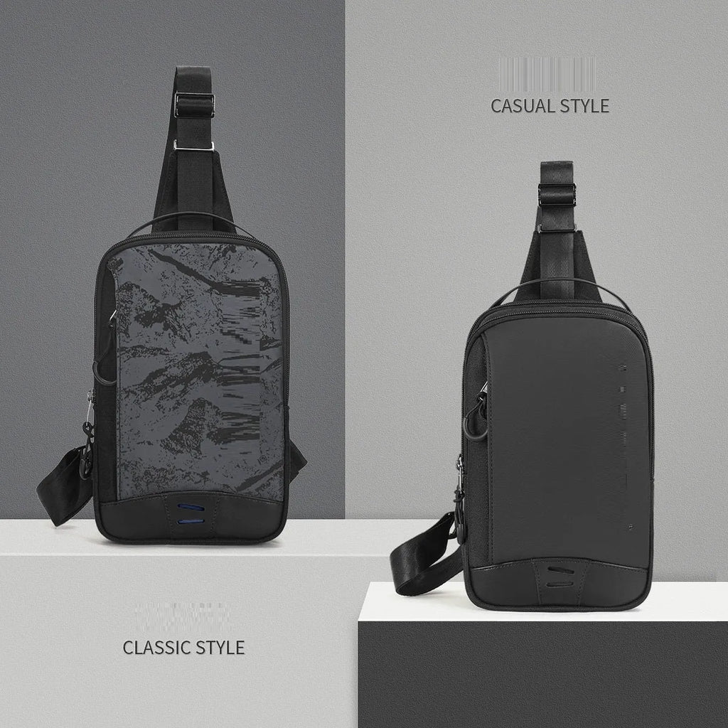 Casual black TPU chest pack with single shoulder strap showing landscape pattern details