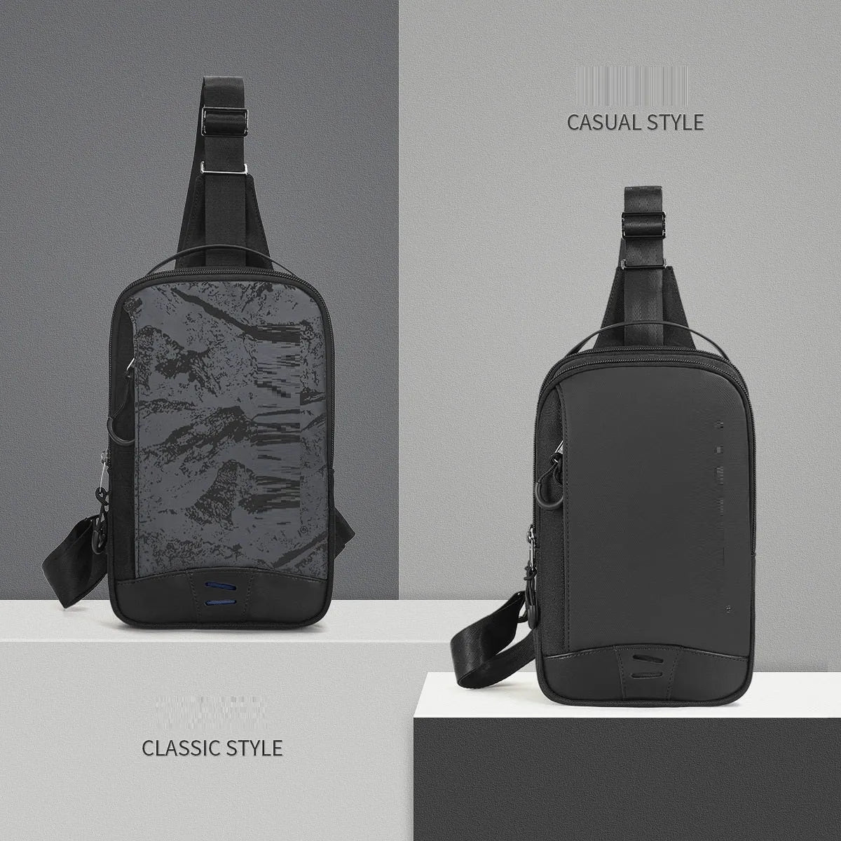 Casual black TPU chest pack with single shoulder strap showing landscape pattern details