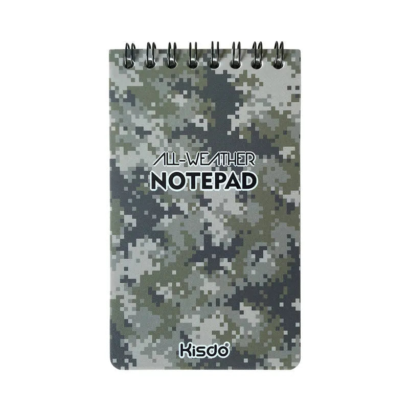 Spiral-bound waterproof office notepad in camouflage colour with stone paper pages.