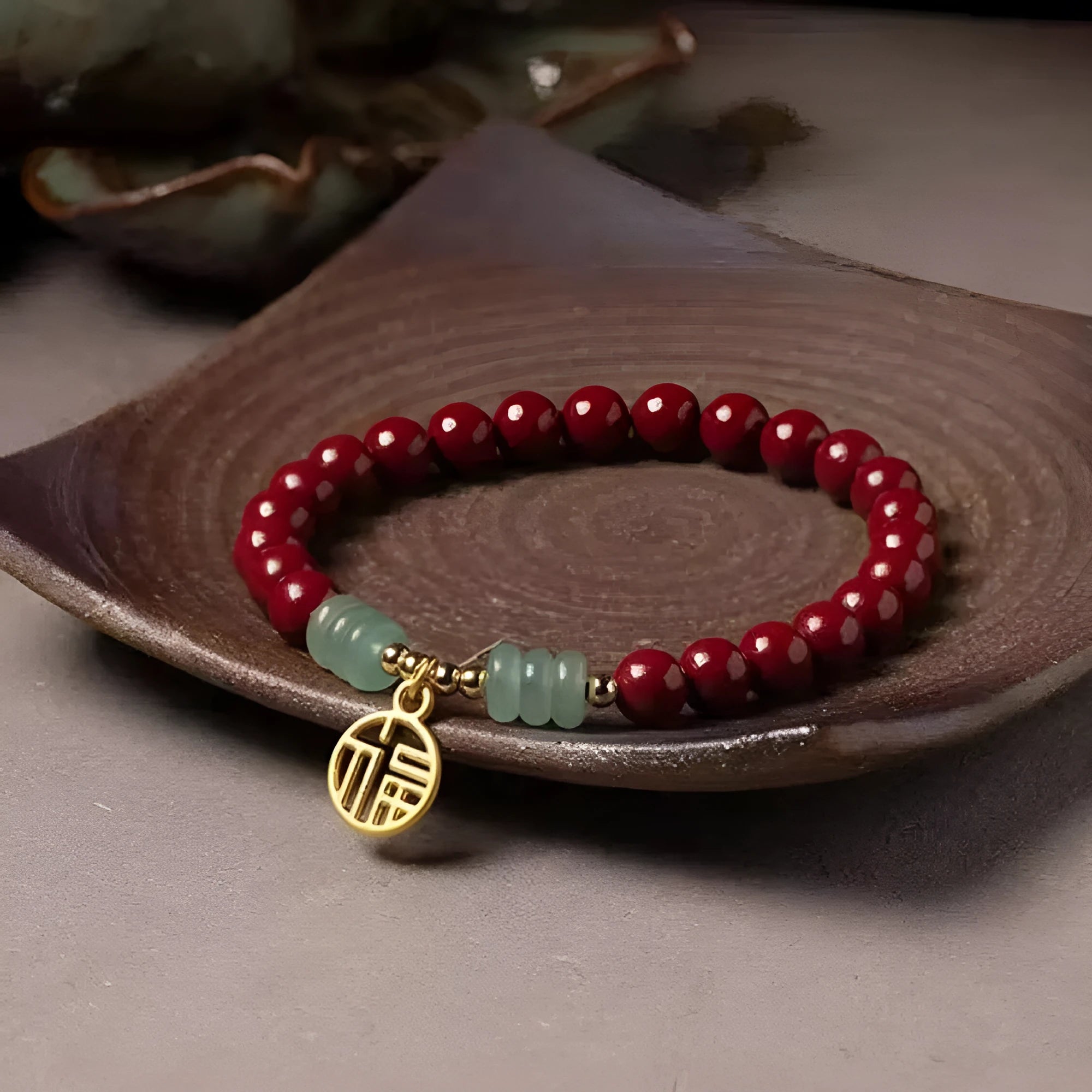 Handmade wave-shaped bracelet with alternating cinnabar and copper beads.