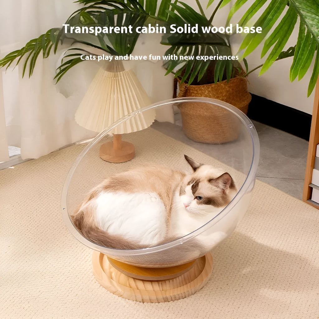 Transparent acrylic cat space capsule turntable bed with visible interior structure