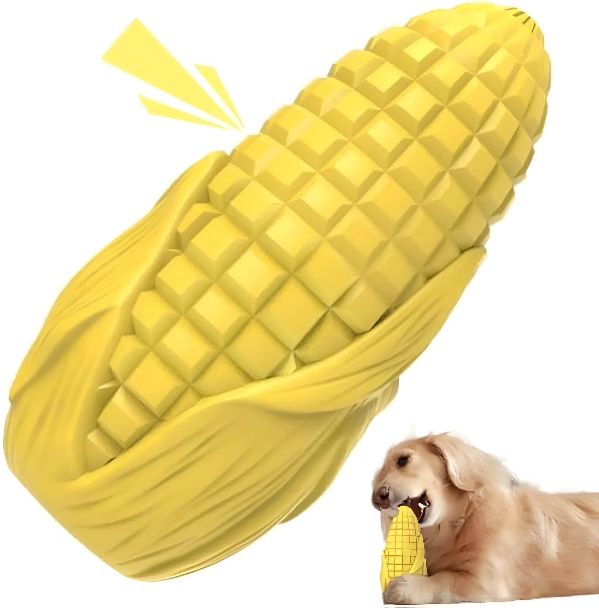 Blue corn-shaped dog chew toy with surface grooves and squeaker for medium and large breed dogs