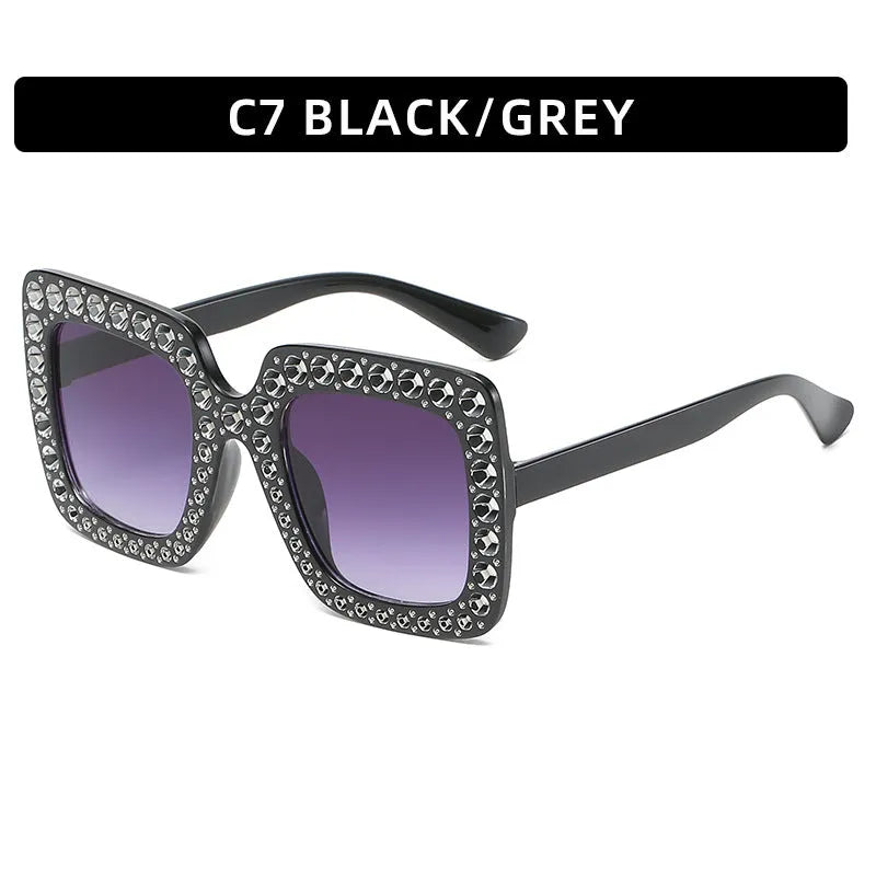 Large square frame sunglasses with rhinestone details on a PC frame in multiple colour options