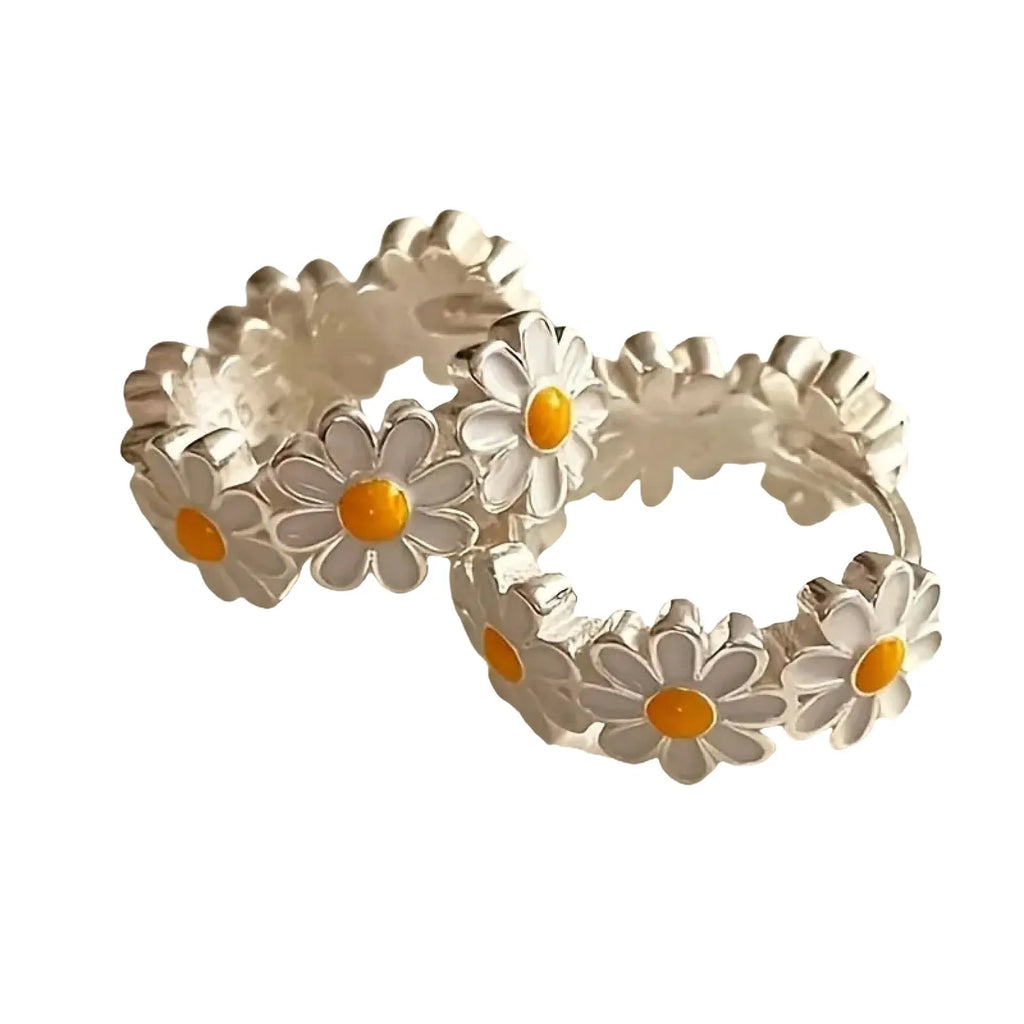White daisy flower ring earrings with platinum gem inlay on copper with electroplated finish