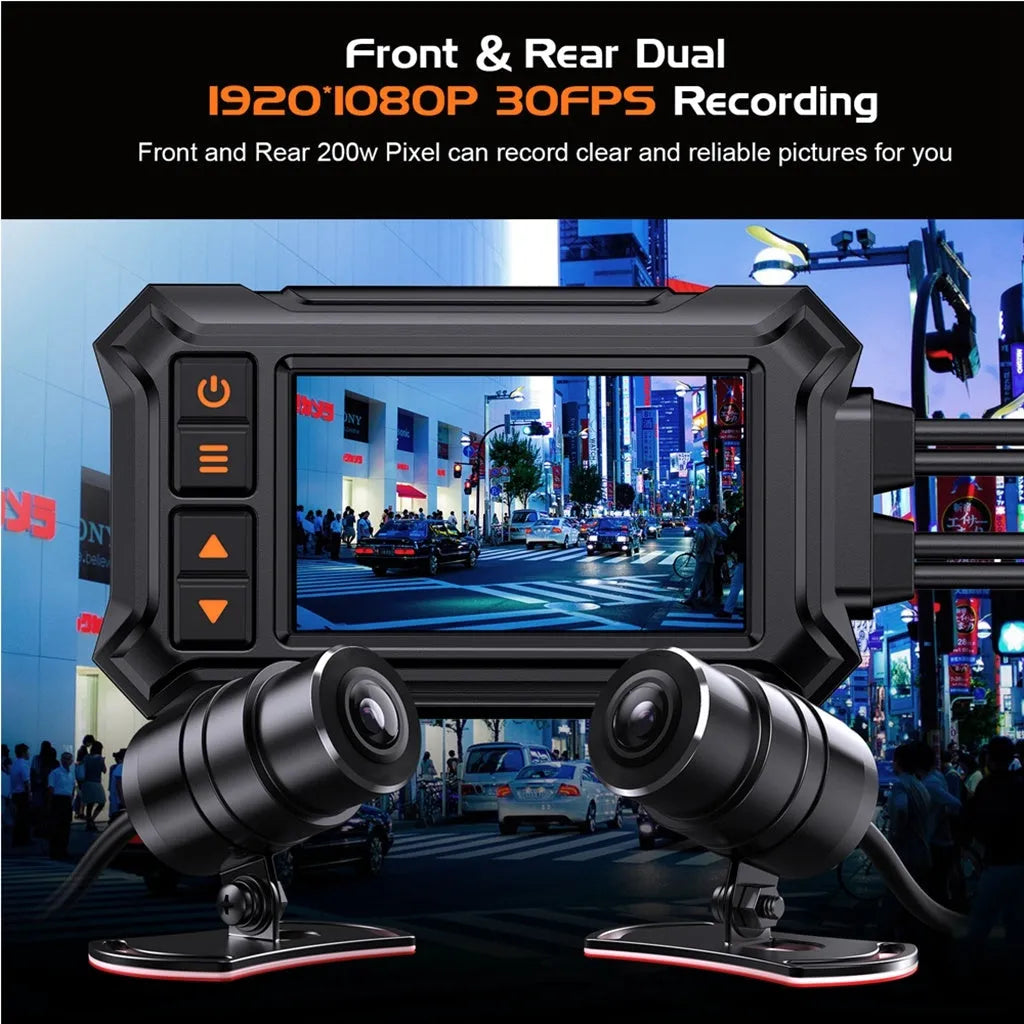 Motorcycle dash cam with dual lenses and GPS module for front and rear recording