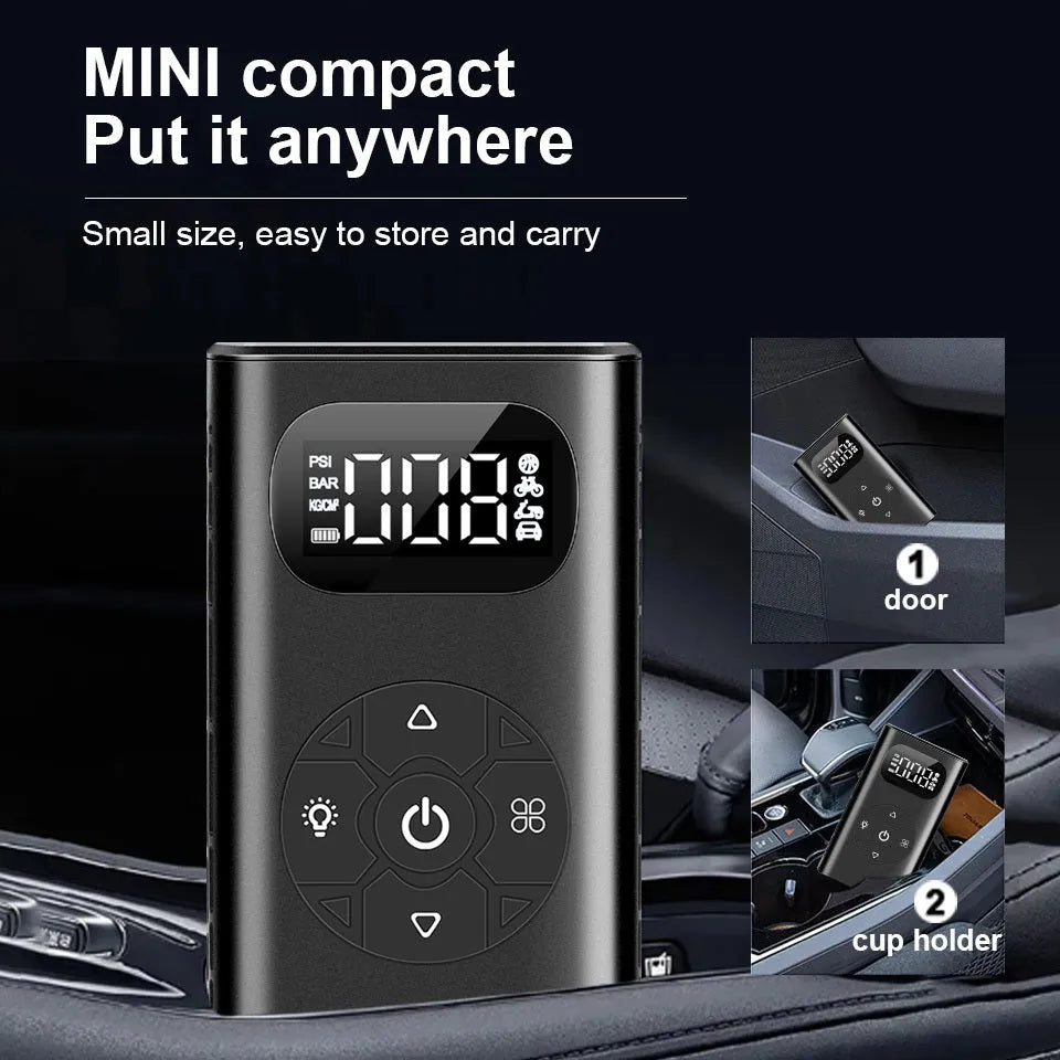 Black aviation aluminium portable tyre inflator with USB cable and flexible hose for car and motorcycle tyres.