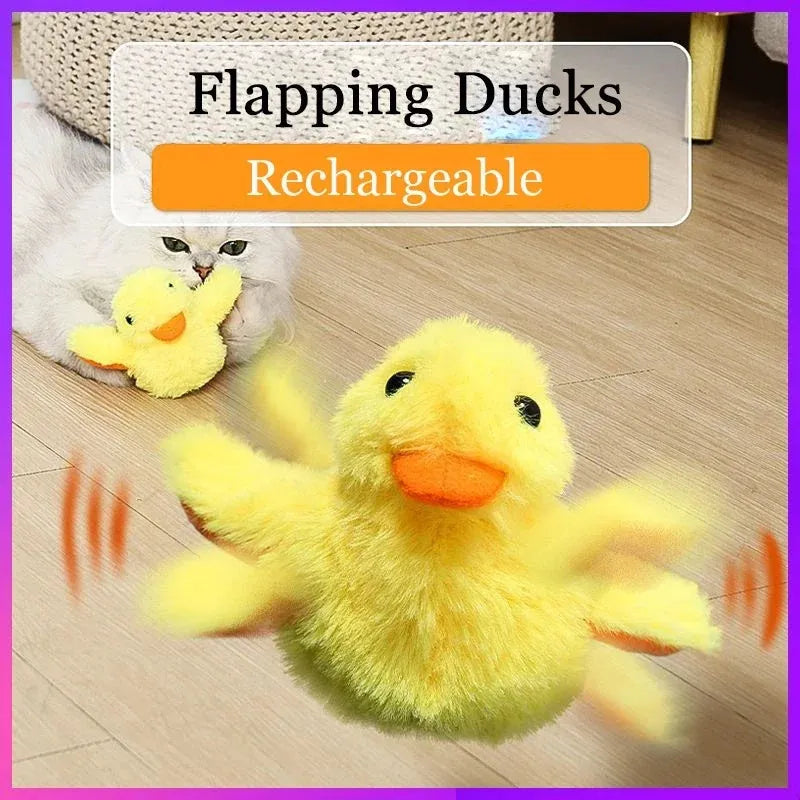 Yellow flapping duck interactive cat toy with vibration sensor and catnip on white background