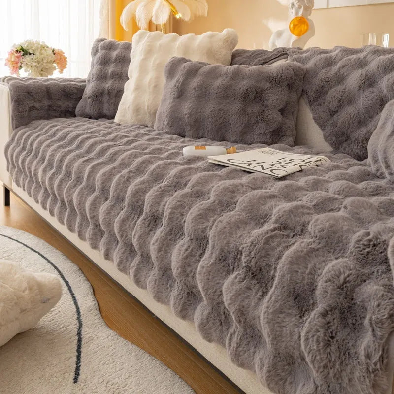 Winter thickened rabbit plush sofa cushion solid colour Green on combination sofa