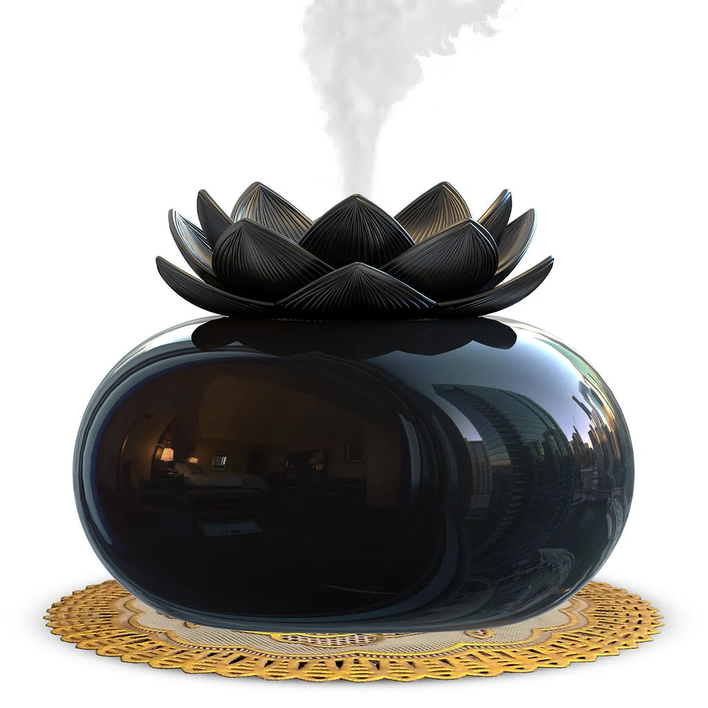 Pure black lotus-shaped USB humidifier with single fog outlet on round base