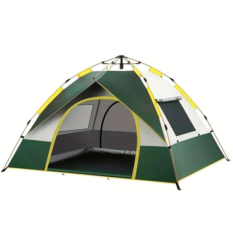 Dark green silver glue 3-4 person camping tent with automatic quick-open system shown in outdoor setting