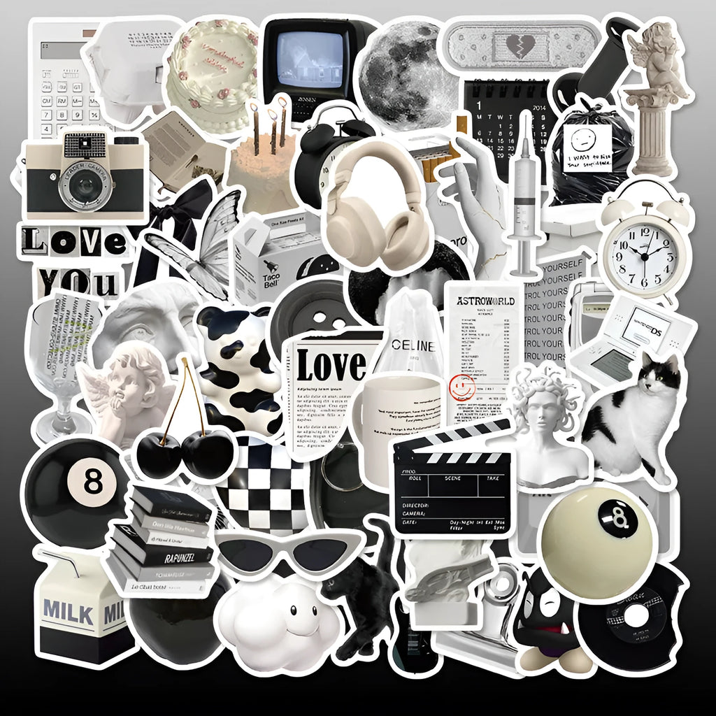 61-piece pack of black and white simple design PVC waterproof stickers for laptops and phones.