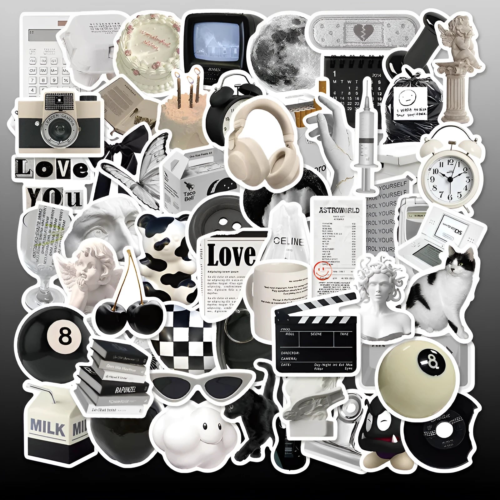 61-piece pack of black and white simple design PVC waterproof stickers for laptops and phones.