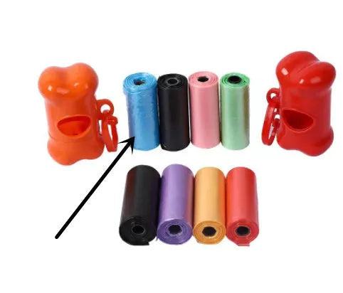 Pet waste bags in six colours showing black, blue, green, light blue, pink and red options