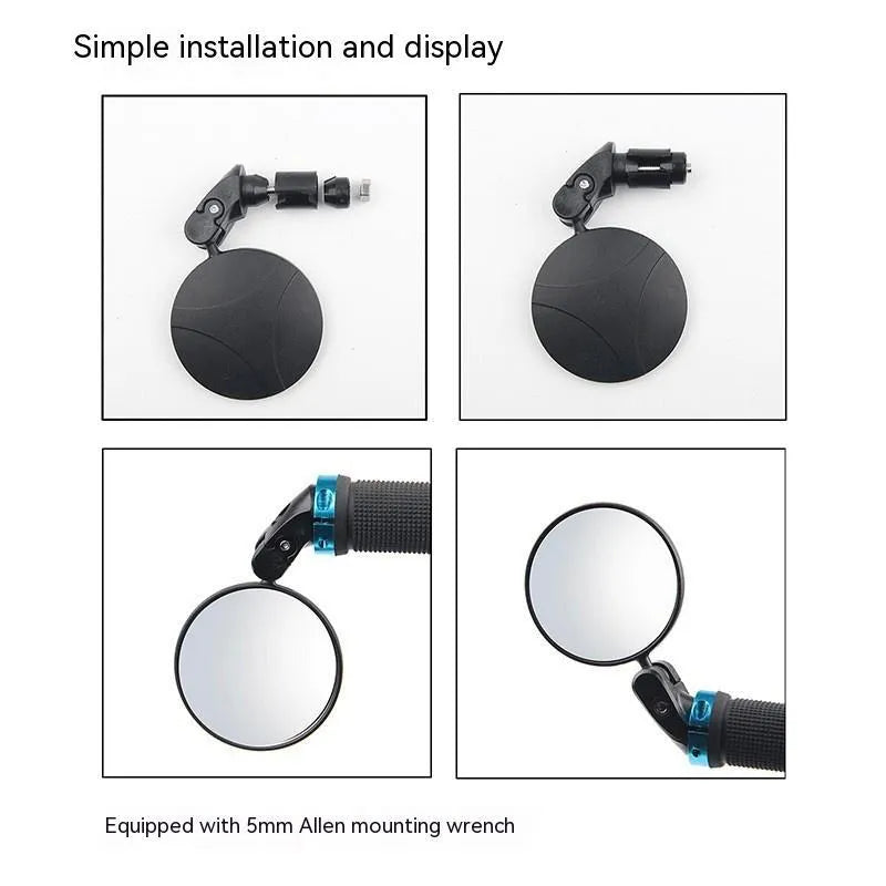 Black foldable convex rearview mirror for vehicles showing 7cm diameter and 360-degree rotation.