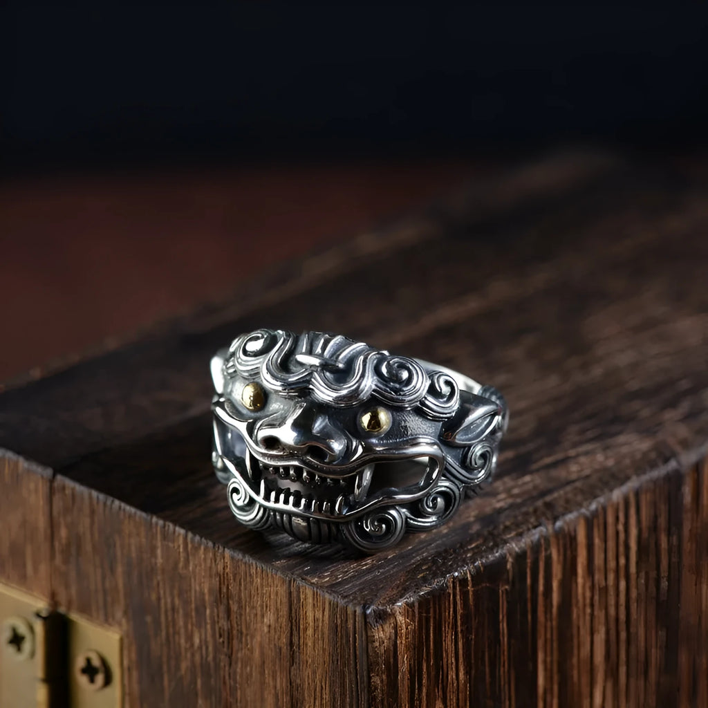 Personalised silver open ring with a detailed jibeast or animal zodiac pattern on a retro-style band.