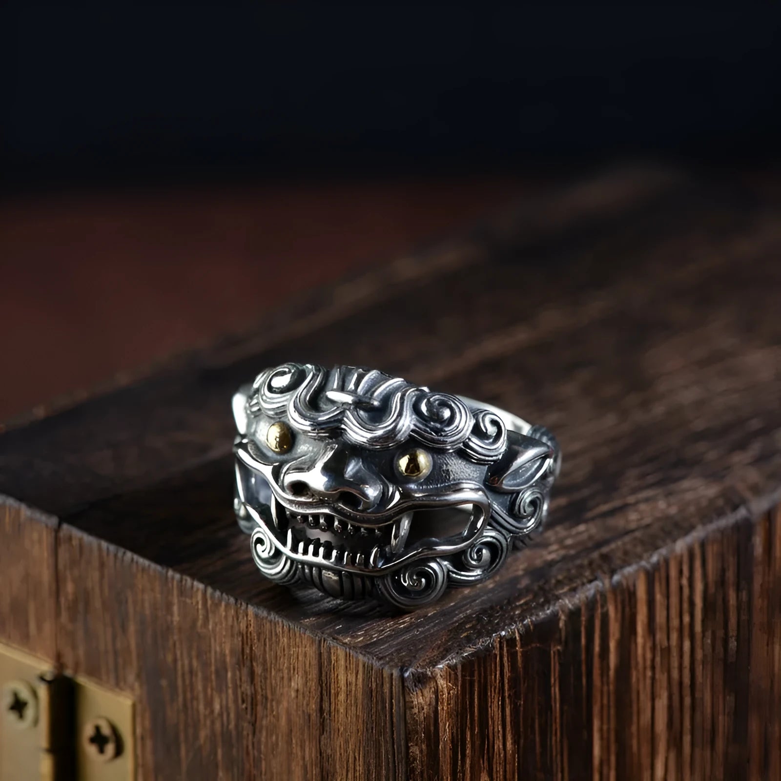 Personalised silver open ring with a detailed jibeast or animal zodiac pattern on a retro-style band.