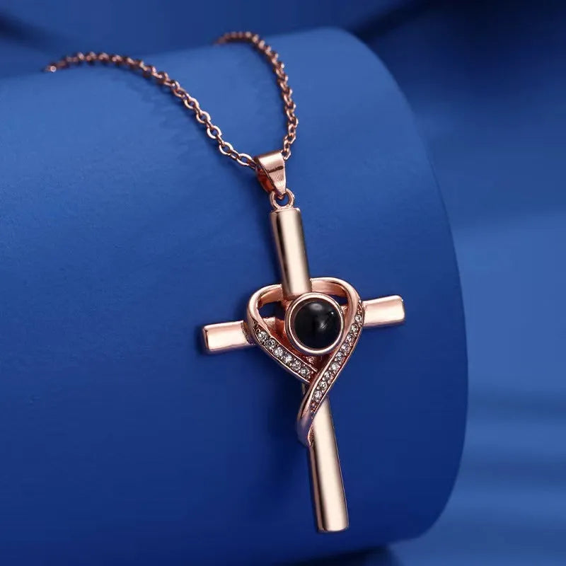 'I Love You' projection necklace pendant in copper with heart and cross design