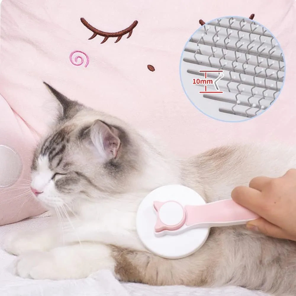 Blue self-cleaning cat and dog brush with rubber-tipped pins and a non-slip handle on a white background.